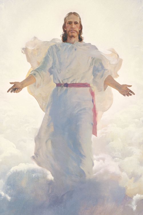 The resurrected Jesus Christ (wearing white robes with a magenta sash) standing above a large gathering of clouds. Christ has His arms partially extended. The wounds in the hands of Christ are visible.