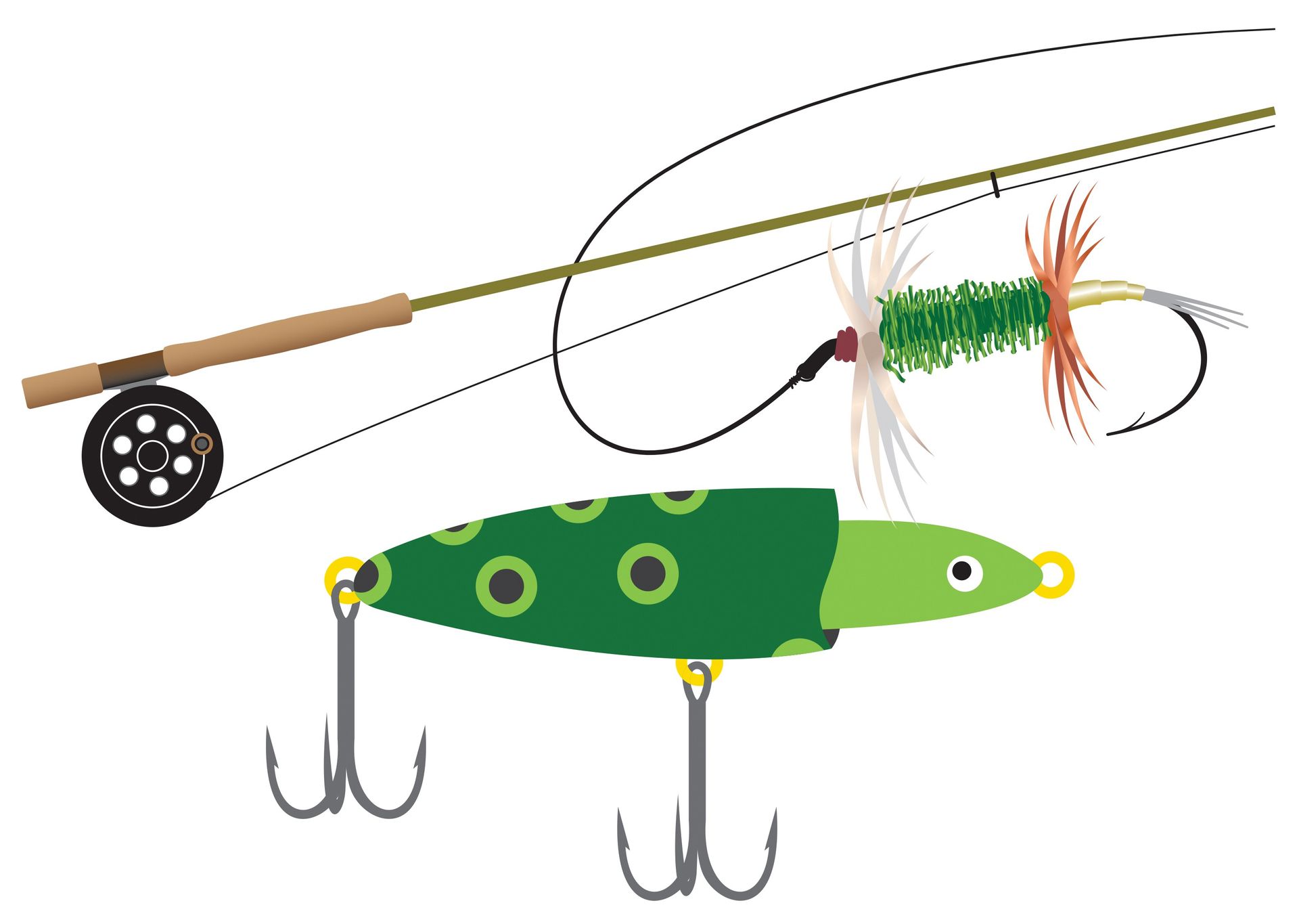 A drawing of a fishing pole and lure.