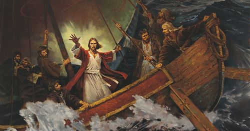 Jesus Christ on a ship with some of His Apostles. Christ has His arms extended as He calms a storm at sea. The Apostles are looking at Christ as He performs the miracle. (Matthew 8:23-27 Mark 4:35-41 Luke 8:22-25.)