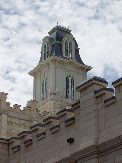 A close-up view of one of the Manti Utah Temple spires, including part of the exterior of the temple.