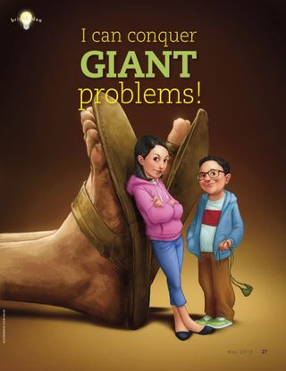 boy and girl standing victorious by giant feet