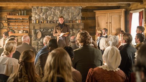 Scene 202, Actors, portraying Joseph Smith, Oliver Cowdery, and others gather in the Whitmer home for the organization of the Church of Jesus Christ of Latter-day Saints, April 6, 1830.