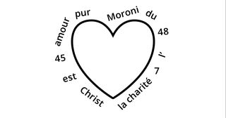 tracé d’un cœur avec, tout autour dans le désordre, la référence scripturaire et l’expression clé de Moroni 7:45-48