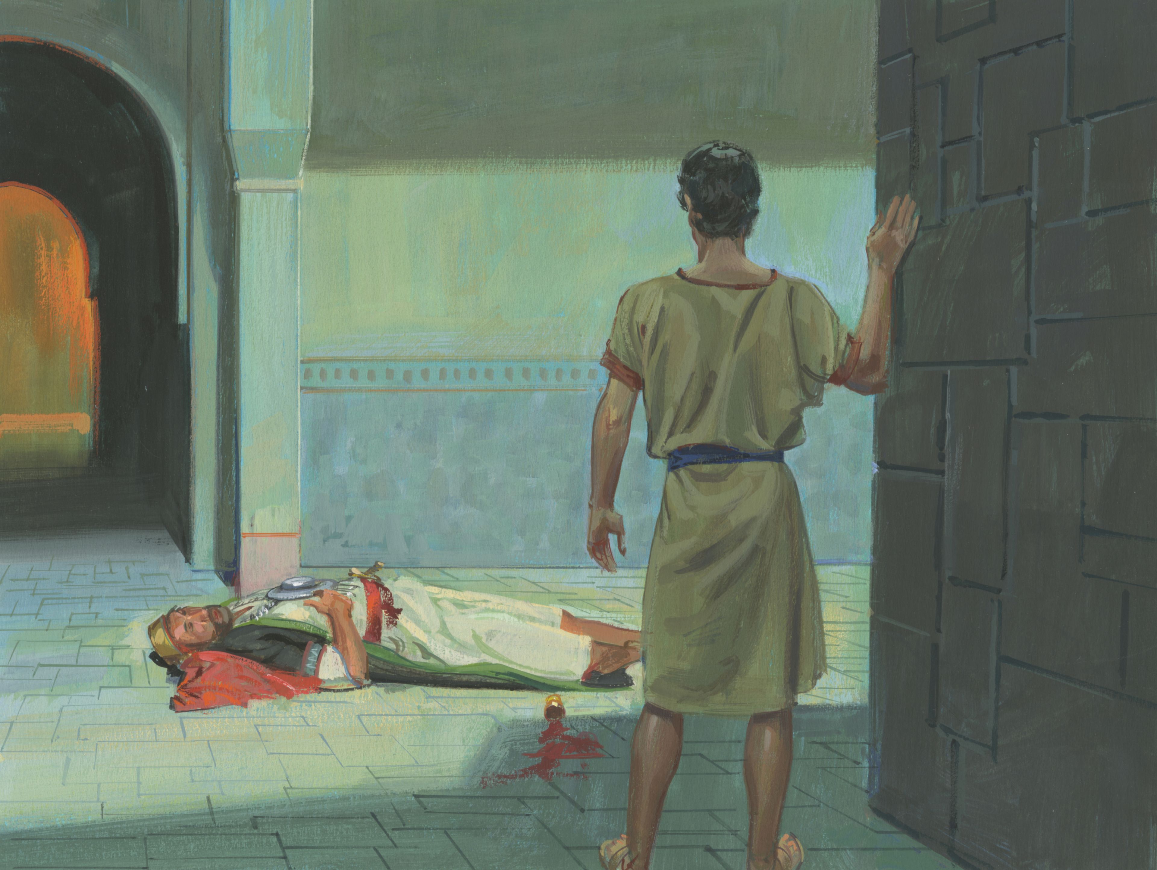 A painting by Jerry Thompson depicting Nephi standing near Laban’s house; Primary manual 3-42