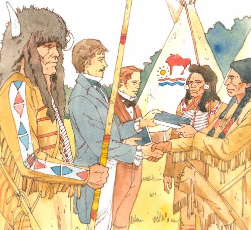 missionaries greeting Native Americans