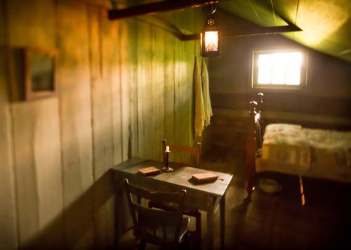 upstairs room in reconstructed Peter Whitmer Sr. home, Fayette, New York