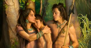 Lamanitisk mor, der krammer en yngre søn, da en ældre søn med et spyd forbereder sig på at gå