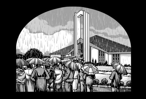 a crowd waiting in the rain outside the Freiberg Temple