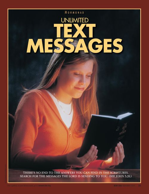 A poster showing a young woman reading the Book of Mormon, paired with the words “Unlimited Text Messages.”