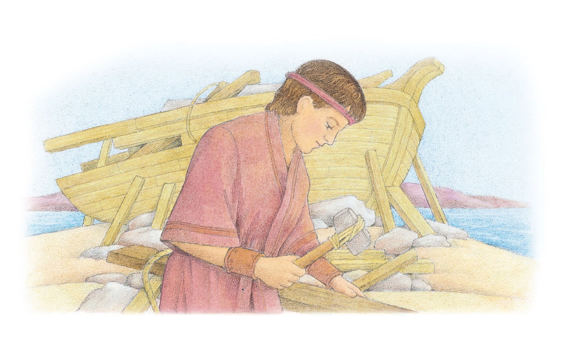 Nephi working to construct a ship. From the Children’s Songbook, page 120, “Nephi’s Courage”; watercolor illustration by Beth Whittaker.