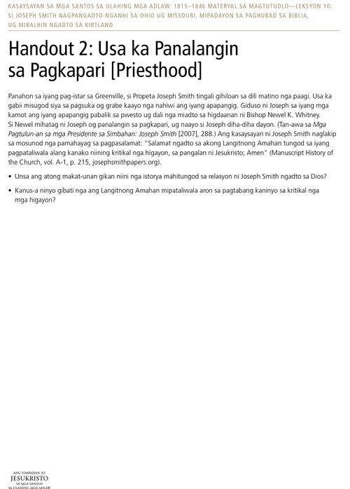 Handout 2: Usa ka Panalangin sa Pagkapari