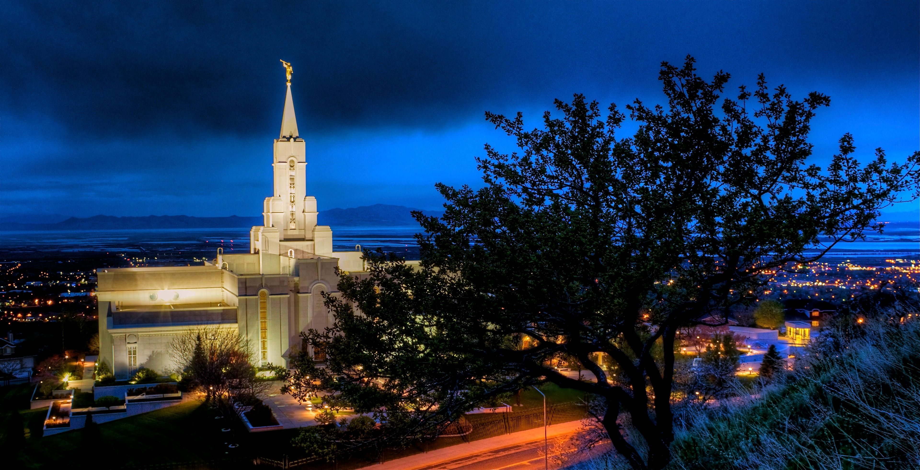 A night view of the Bountiful Utah Temple and grounds.  
