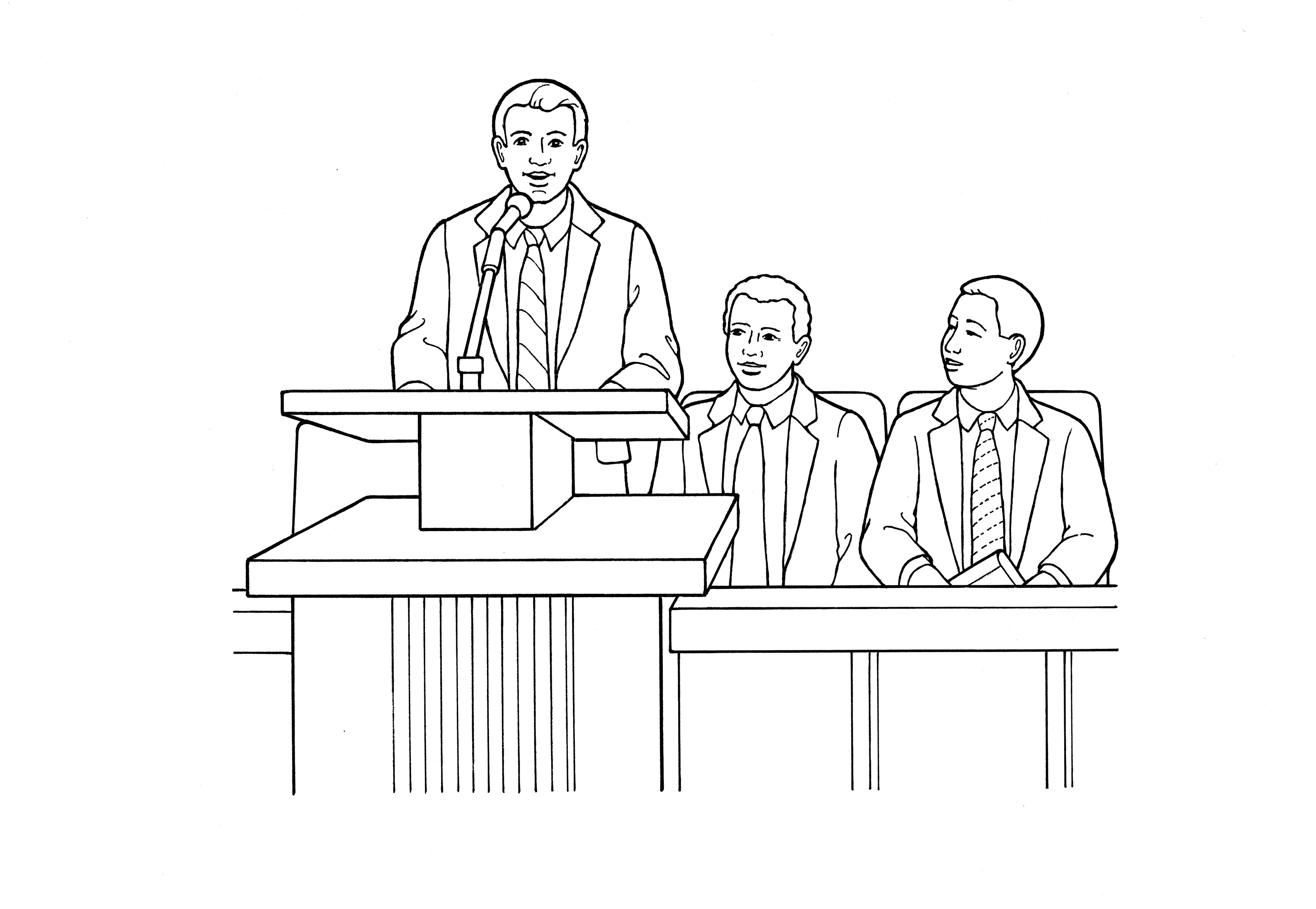 An illustration of a Bishop speaking at church with his two counselors behind him.