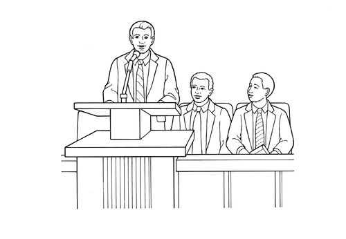 A black-and-white illustration of a bishop on the stand speaking into the microphone while his two counselors sit behind him to the right.