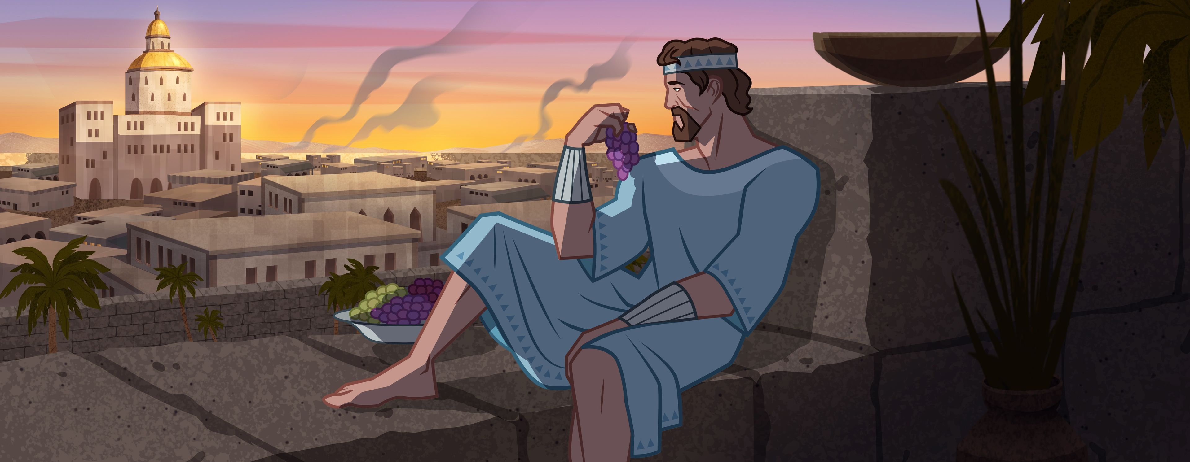 Illustration of David eating grapes. 2 Samuel 11:1–3