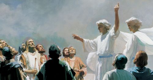 The eleven apostles of Jesus Christ (all except Judas Iscariot) gathered together in Galilee. Two angels (dressed in white) are standing with the apostles and pointing to the heavens. The apostles are looking upward. The painting depicts the ascension of the resurrected Jesus Christ into the heavens. Christ is not depicted in the picture. (Mark 16:19-20) (Luke 24:50-53) (Acts 1:9-11)