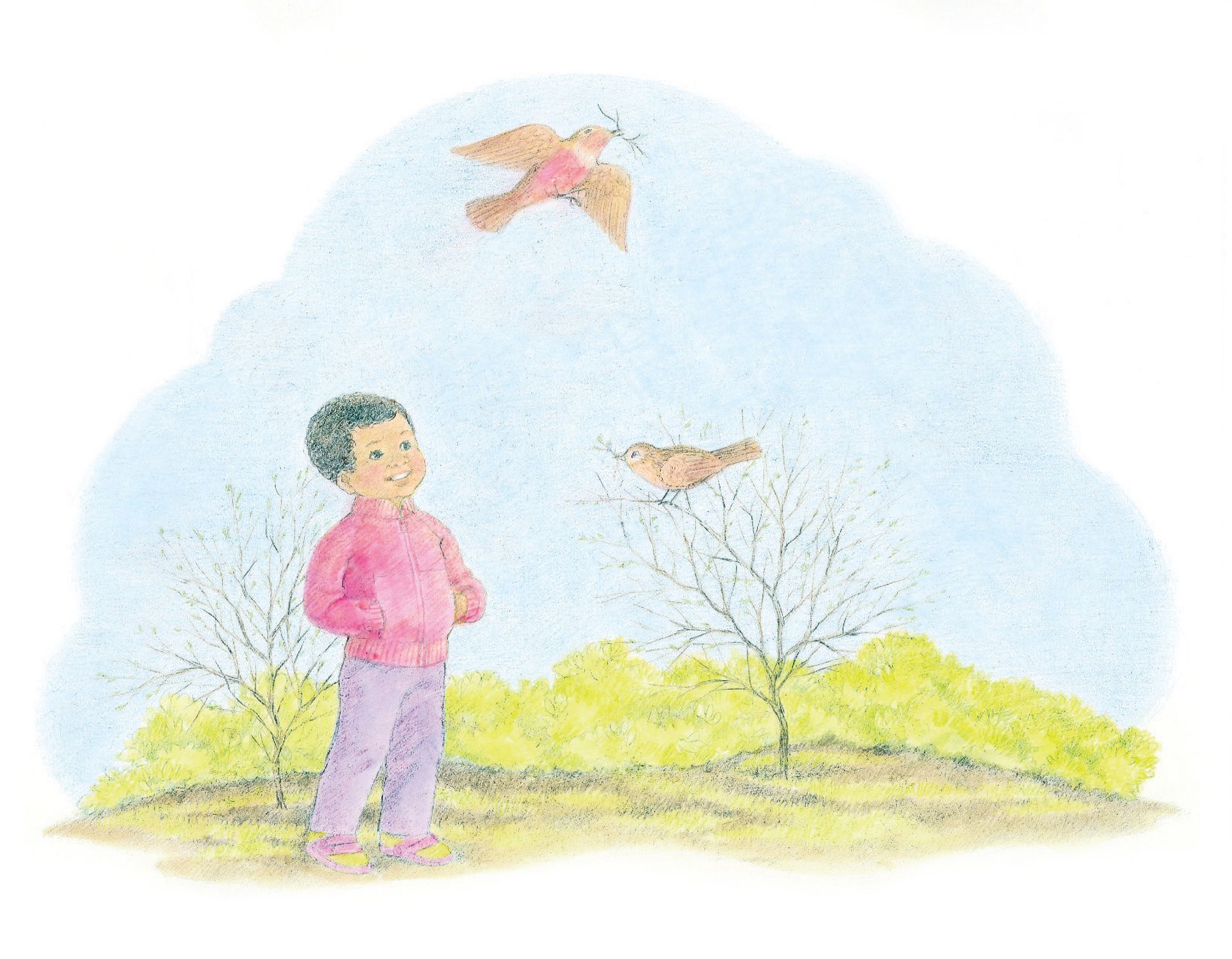 A boy in a jacket watching a bird flying above. From the Children’s Songbook, page 238, “Springtime Is Coming”; watercolor illustration by Virginia Sargent.
