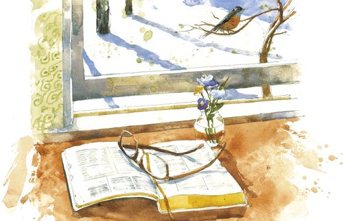 illustration of a book of scriptures on a table by a window