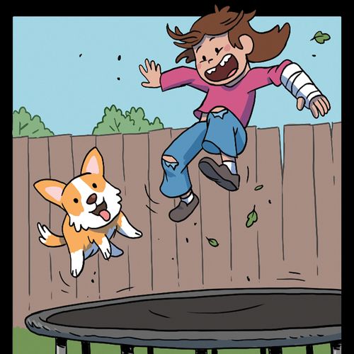 girl and dog on trampoline