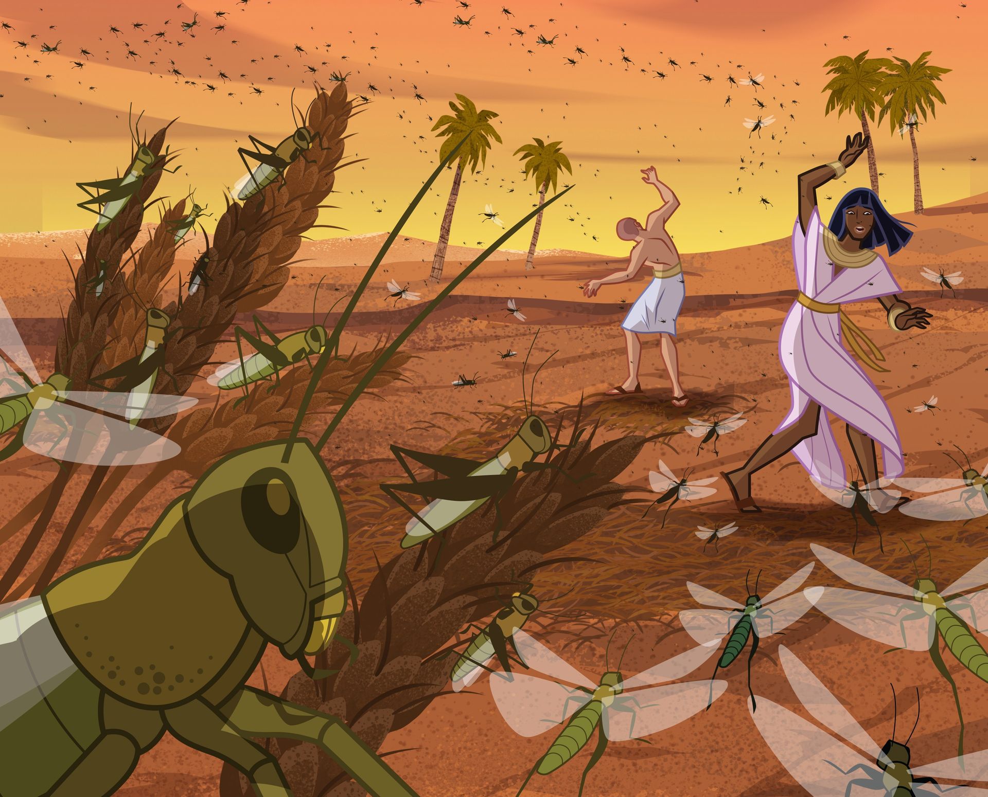 Illustration of locusts eat crops. Exodus 10:12–20