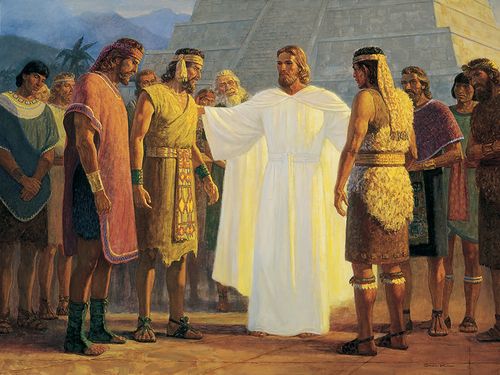 Jesus talking with three Nephite disciples