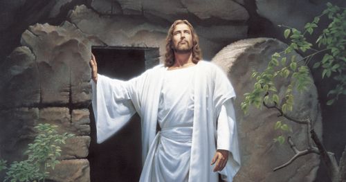 The resurrected Jesus Christ (dressed in white robes) standing at the entrance to the Garden Tomb. Christ is portrayed looking toward the heavens.