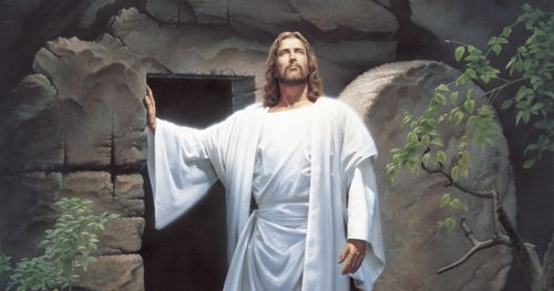 Jesucristo resucitado (vestido con ropas blancas) de pie en la entrada del Sepulcro del Jardín. Se representa a Cristo mirando hacia los cielos.