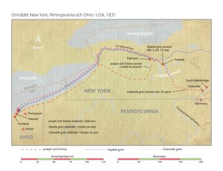 karta över området New York, Pennsylvania och Ohio i USA, 1831