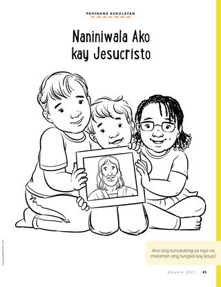 coloring page of children holding picture of Jesus