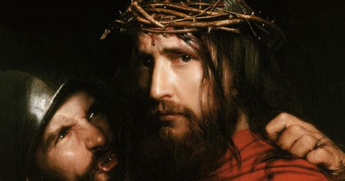 Cristo con una corona de espinas junto a un soldado que se burla de Él