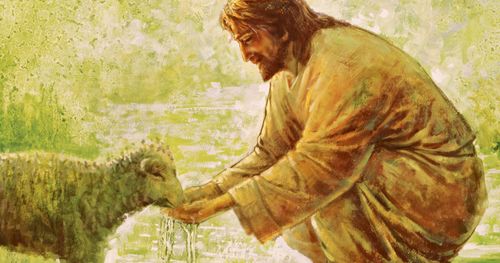 Christ gives water to a thirsty lamb.