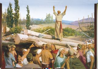 The Old Testament prophet Noah standing on a log as he preaches to a group of assembled people. The people are laughing and mocking Noah. The partially completed ark is visible in the background.