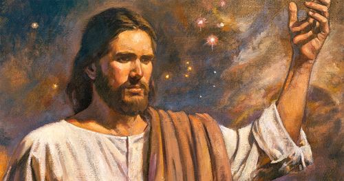 Head and shoulder image of Jesus Christ.  Christ is depicted with one arm raised as He participates in the creation of the earth. Galaxies and stars are depicted in the background.