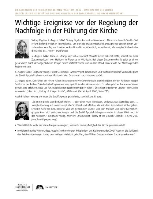 Arbeitsblatt: Wichtige Ereignisse vor der Regelung der Nachfolge in der Führung der Kirche