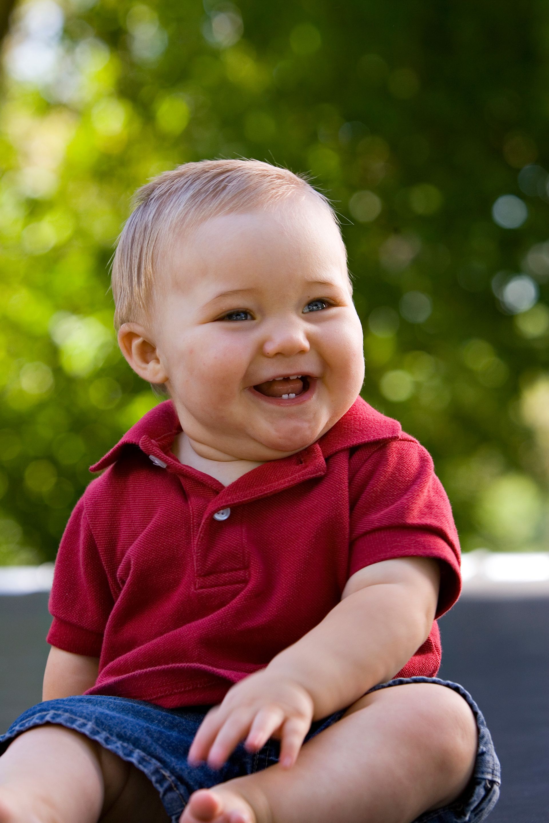 A portrait of a baby boy in a red shirt.