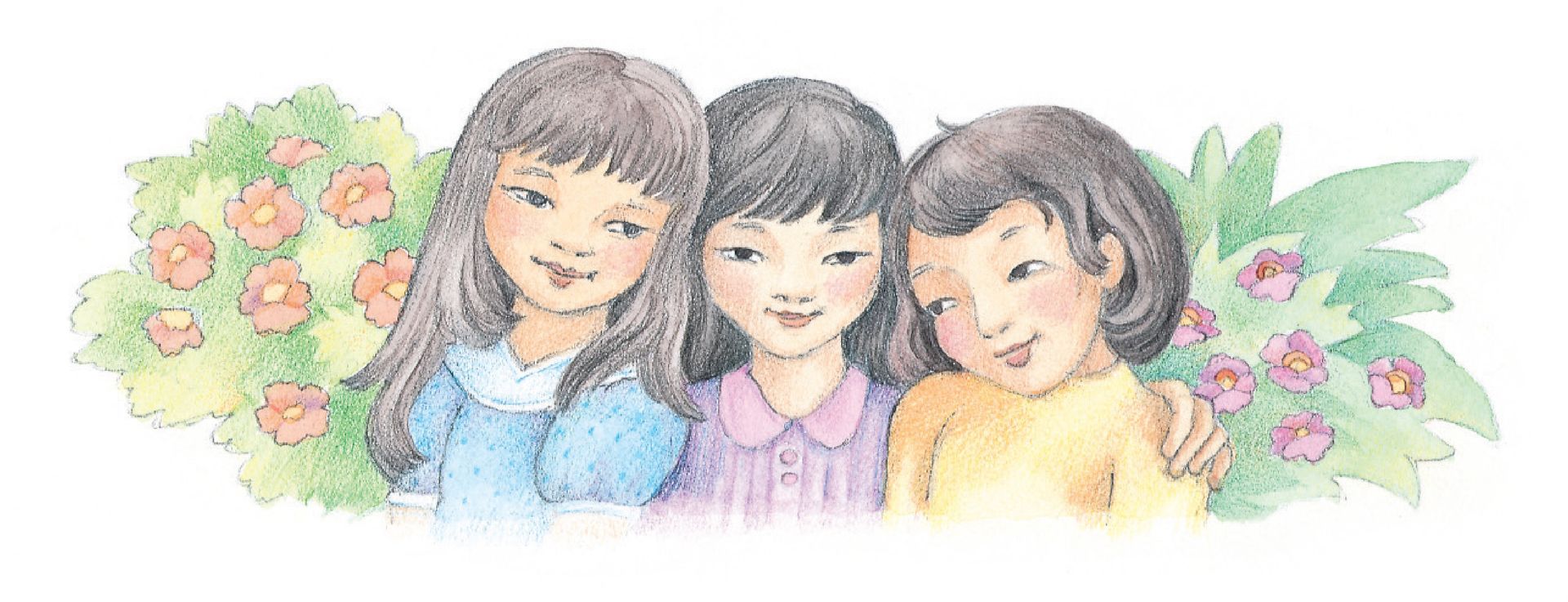 Three girls standing together. From the Children’s Songbook, page 7, “I Thank Thee, Dear Father”; watercolor illustration by Phyllis Luch.