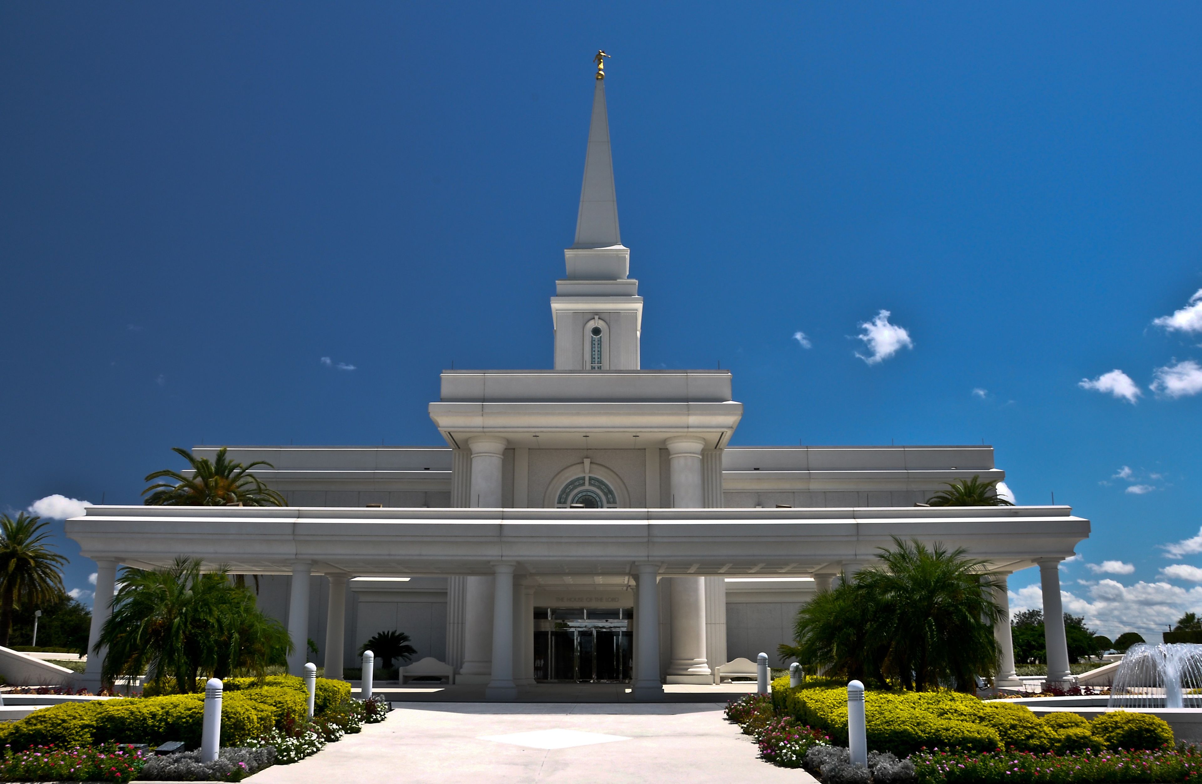 The Orlando Florida Temple entrance, including scenery and the exterior of the temple.