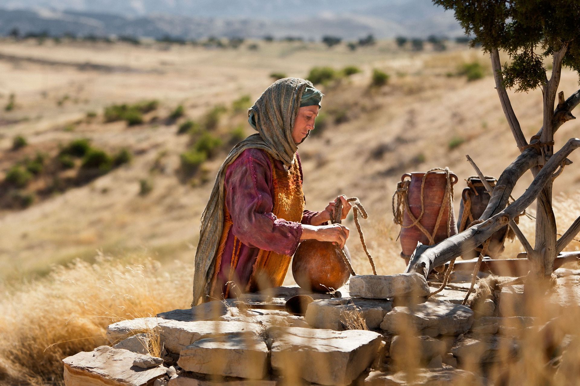 A woman of Samaria questions Jesus for speaking to her.