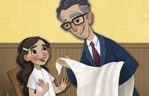 a grandpa handing a white blanket to a girl