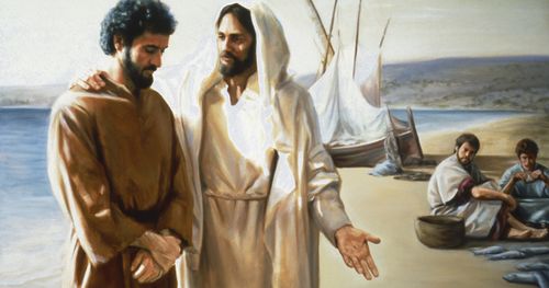 The resurrected Jesus Christ with His arms around the shoulder of the apostle Peter. Christ points to a large number of fish lying on the beach as He speaks to Peter. Two other men and a ship sit on the beach in thebackground.