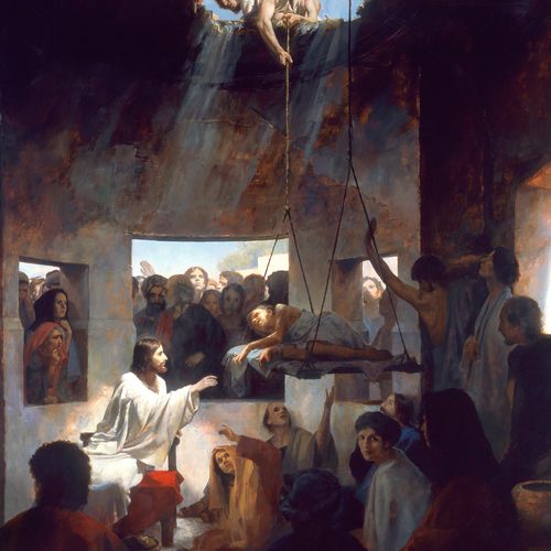 Jesus healing man being lowered into house