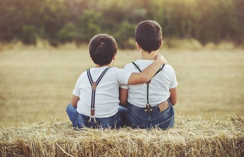 兩個小男孩並肩坐在一綑乾草上