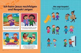 Aktivität mit Bildern: Kinder, die sich auf der Rutsche abwechseln; ein Kind, das Einkaufstüten tragen hilft; Kinder, die sich über ein anderes Kind lustig machen; ein Kind, das ein anderes Kind anschreit; ein Kind, das seinen Snack teilt; ein Kind, das einem anderen Kind die Tür aufhält