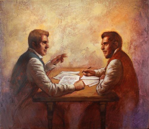 painting of two men working together over papers on a table