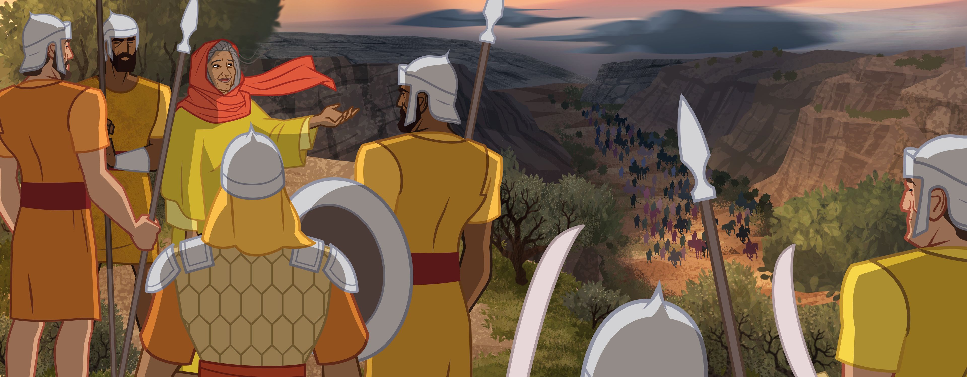 Ilustración de Débora y el ejército en la cima de una montaña. 
Jueces 4:12–14