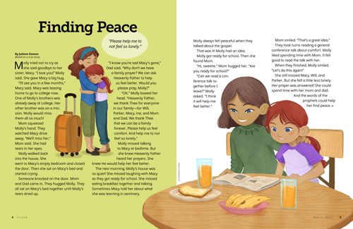 Story PDF with images of people hugging and children sitting at a table