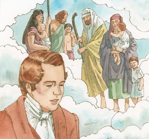 Close-up of Joseph Smith, behind him are clouds and an ancient family. Chapter 55-3 (D&C 132:34-39)