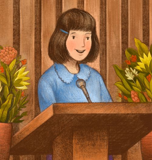 girl standing and speaking at podium in church