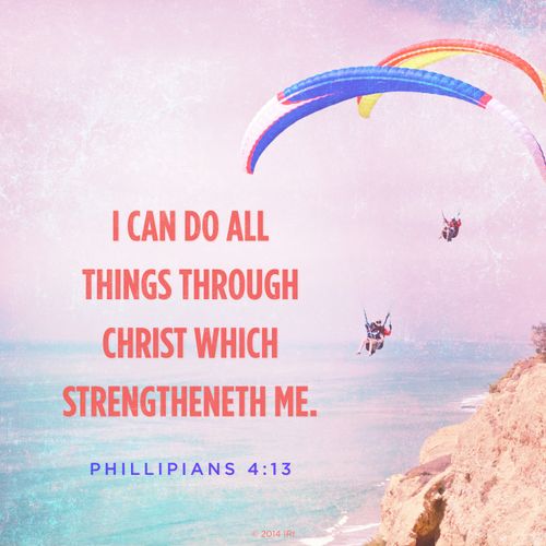 A photograph of several people paragliding, combined with the words found in Philippians 4:13.