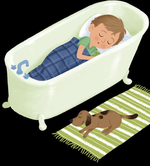 Boy sleeping in bathtub with pillow and blanket